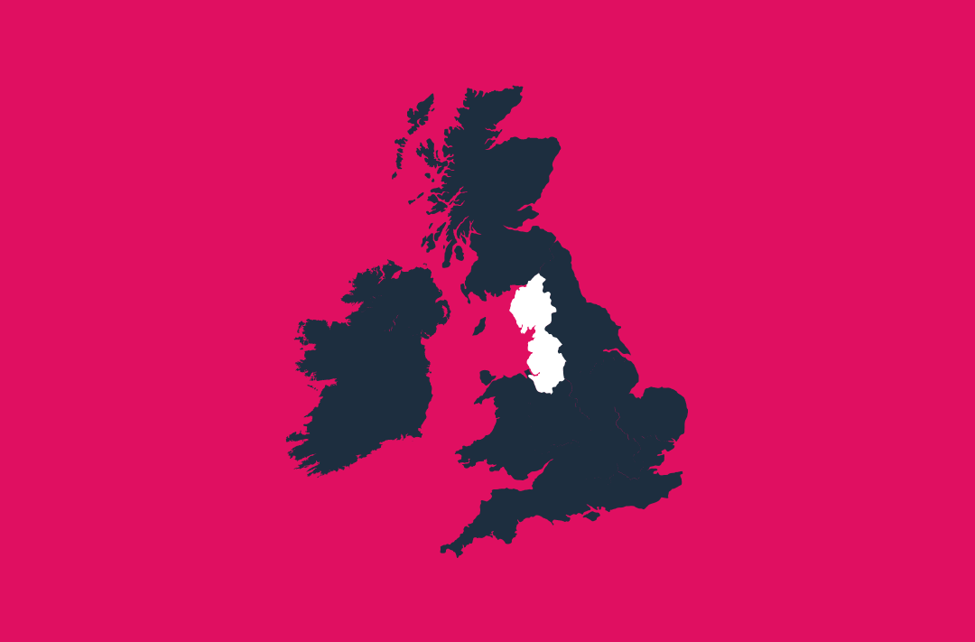a map of the uk and ireland in navy on a pink background with the north west region in white