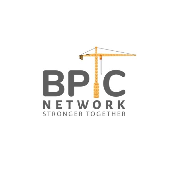 the bpc network logo in grey with a graphic of a crane
