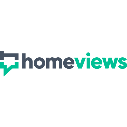 the homeviews logo in teal, grey and white
