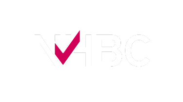 the nhbc logo in white and magenta on a transparent background