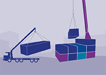 a blue and purple illustration showing a crane and a truck lifting storage containers