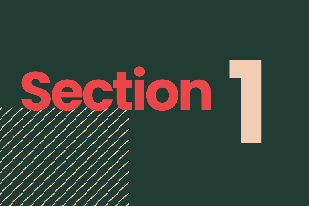 section one graphic in green, peach and red