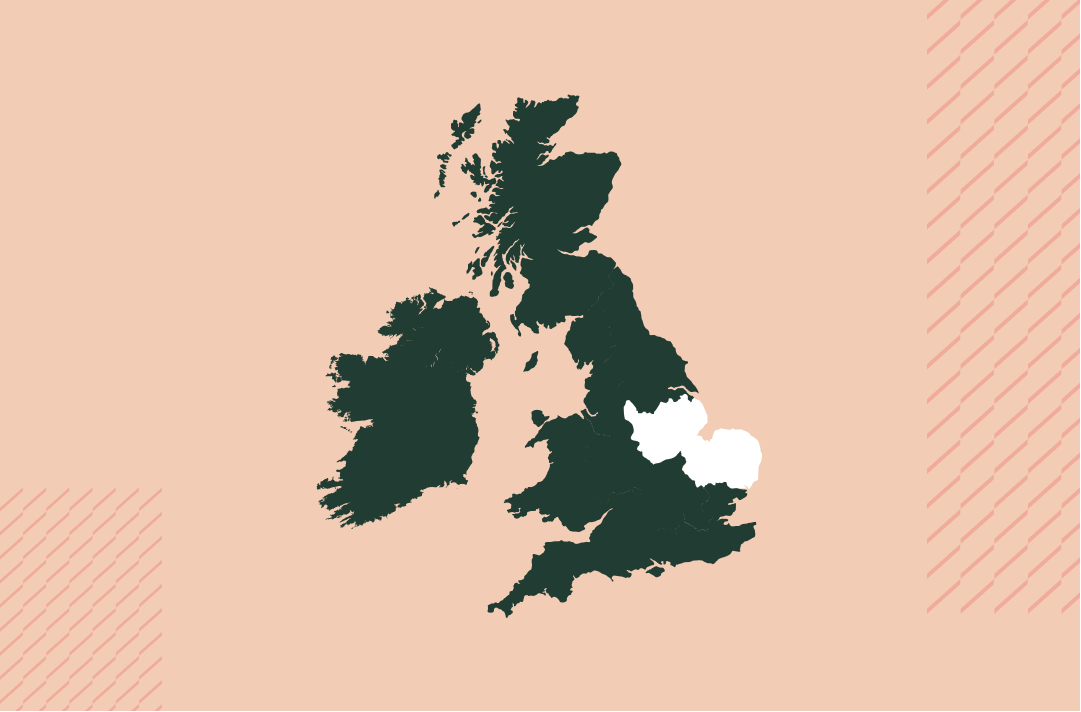 a map of the uk and ireland in navy on a salmon pink background with the east region in white
