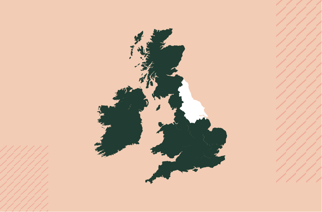 a map of the uk and ireland in navy on a salmon pink background with the north east region in white
