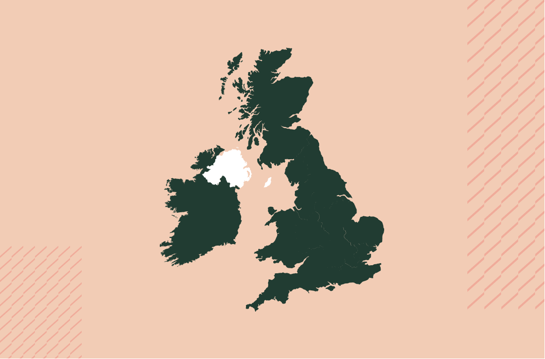 a map of the uk and ireland in navy on a salmon pink background with the northern irish region in white