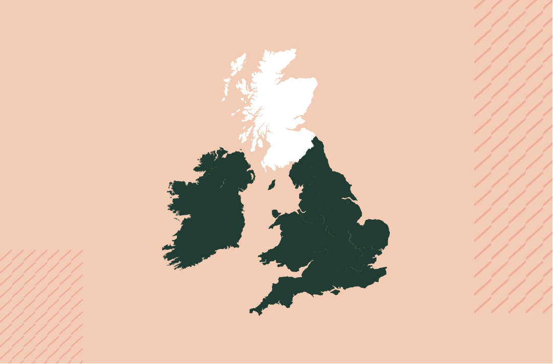a map of the uk and ireland in navy on a salmon pink background with the scotland region in white
