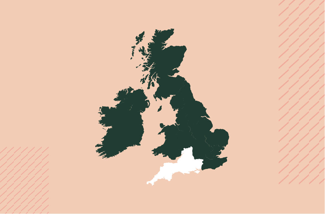 a map of the uk and ireland in navy on a salmon pink background with the south west region in white
