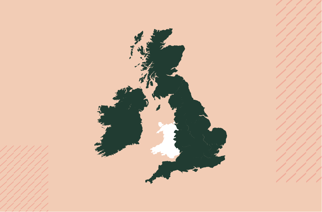 a map of the uk and ireland in navy on a salmon pink background with the wales region in white