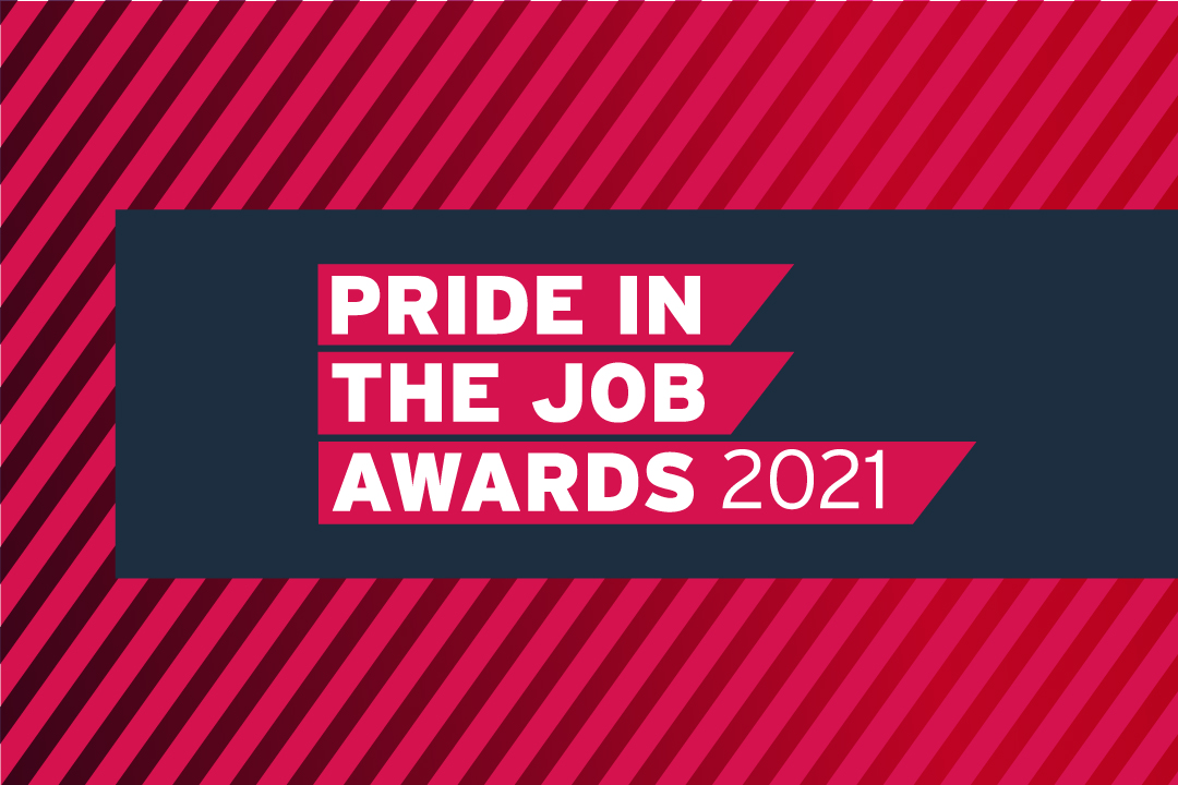 the pride i the job 2021 logo, written in bold white letters on a magenta block with a navy and magenta background