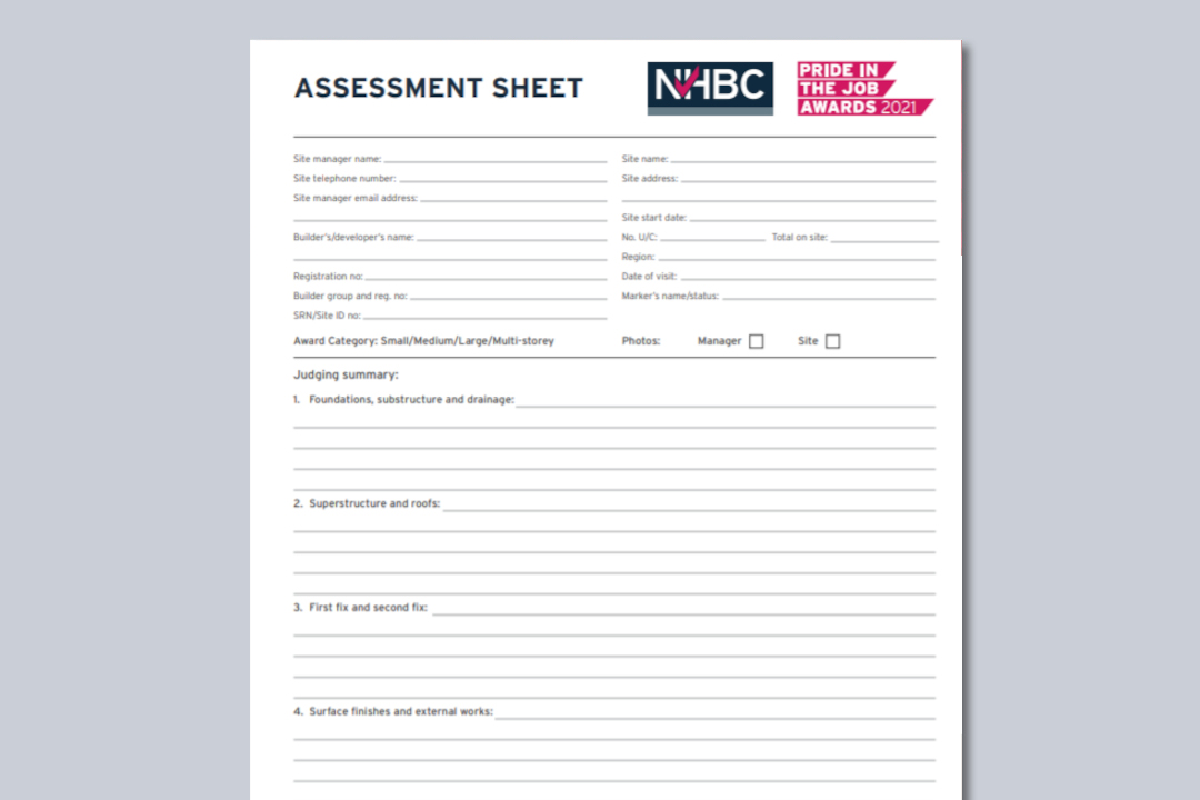 an image showing an assessment sheet used in nhbc's pride in the job inspections