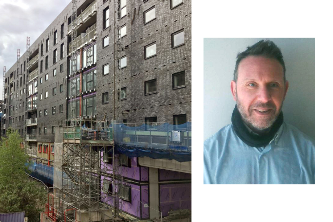 a large, grey brick block of flats with some scaffolding, and a photo of the developer on the right