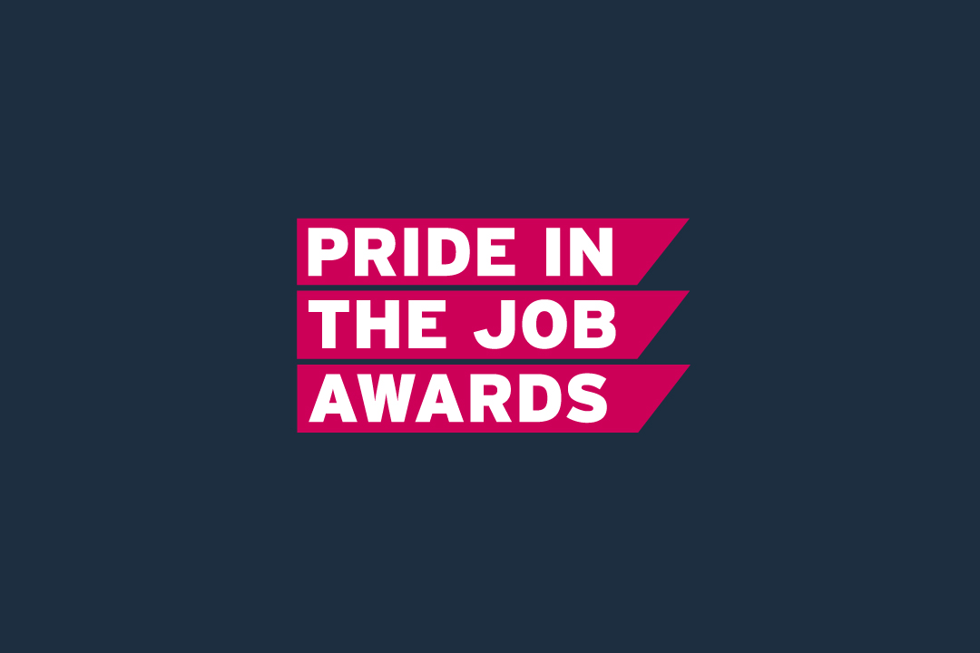 the Pride In The Job Awards logo, written in very bold white letters and a magenta block on a navy background