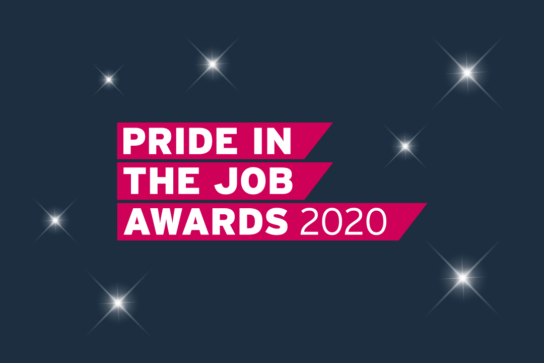 the Pride In The Job Awards logo, written in very bold white letters and a magenta block on a navy background with white stars