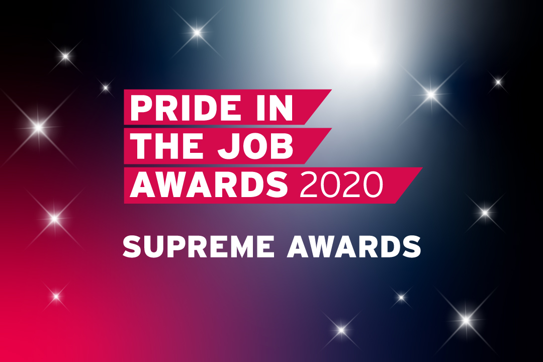 the Pride In The Job Awards logo, written in very bold white letters and a magenta block on a navy and magenta gradient background with white stars