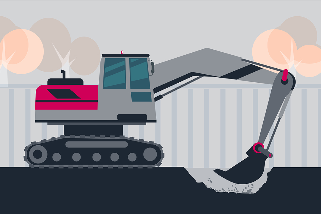 a grey and navy stylised graphic of a digger