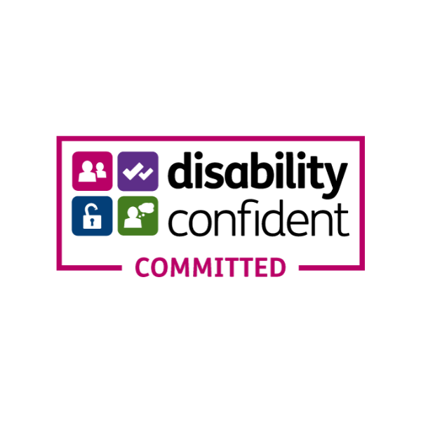 the disability confident committed logo in pink, purple, blue and green