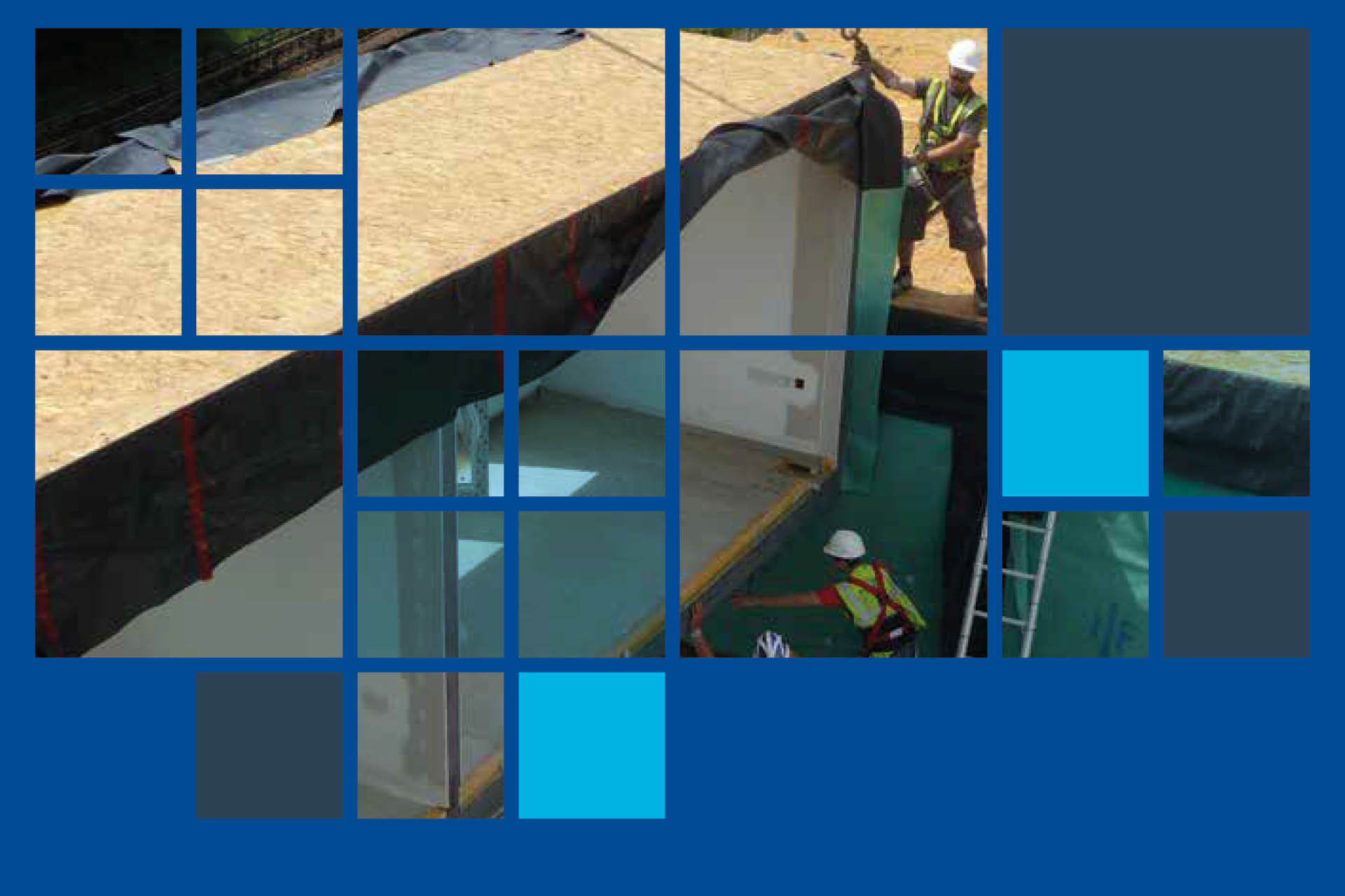 a photo of a basement being installed with a blue square overlay