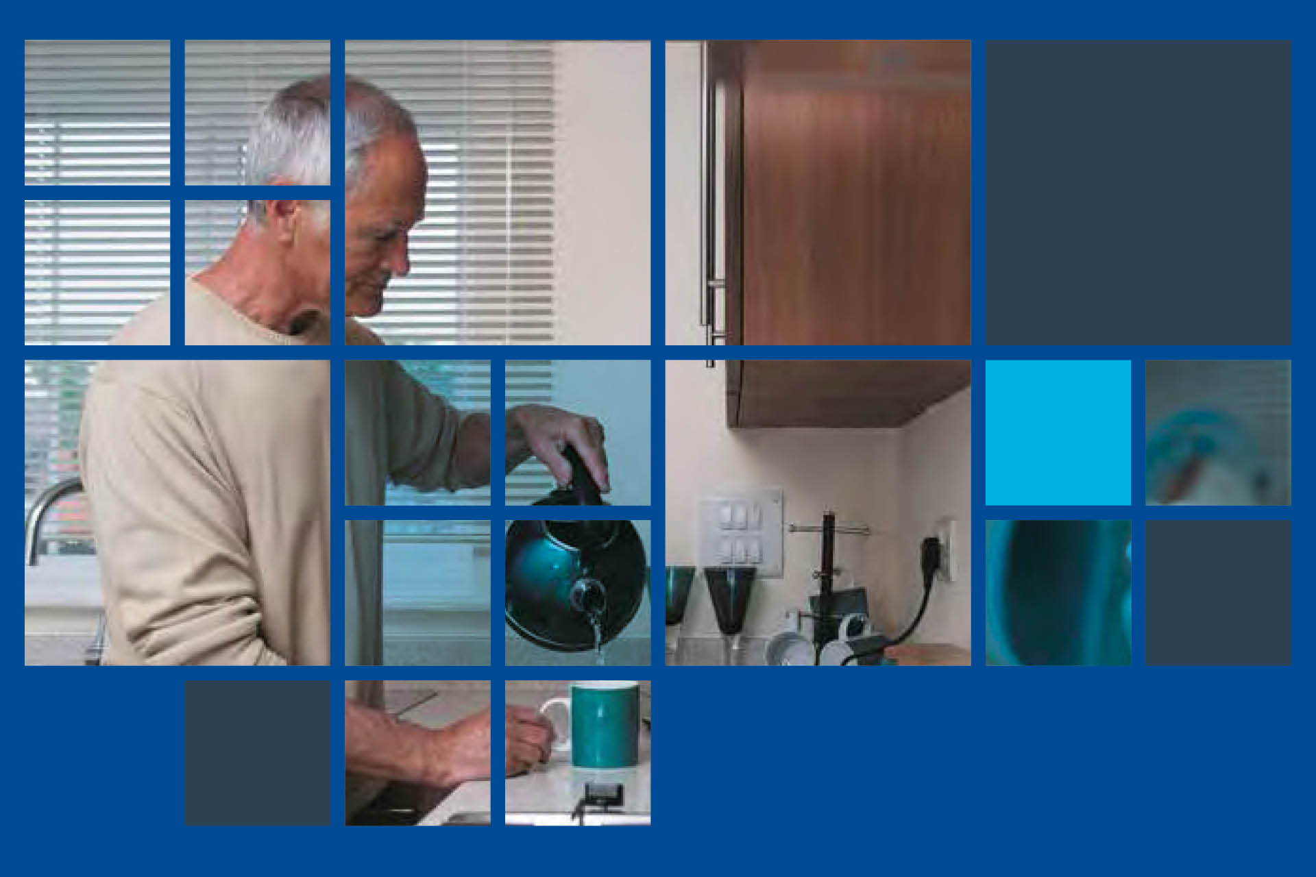 a photo of a man making tea with a blue square overlay