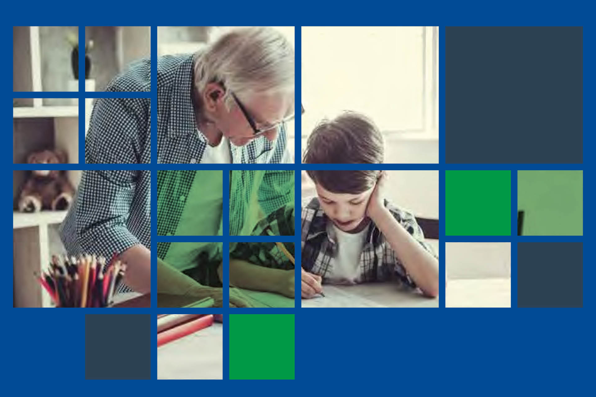 a photo of a man helping a boy with homework with a blue square overlay