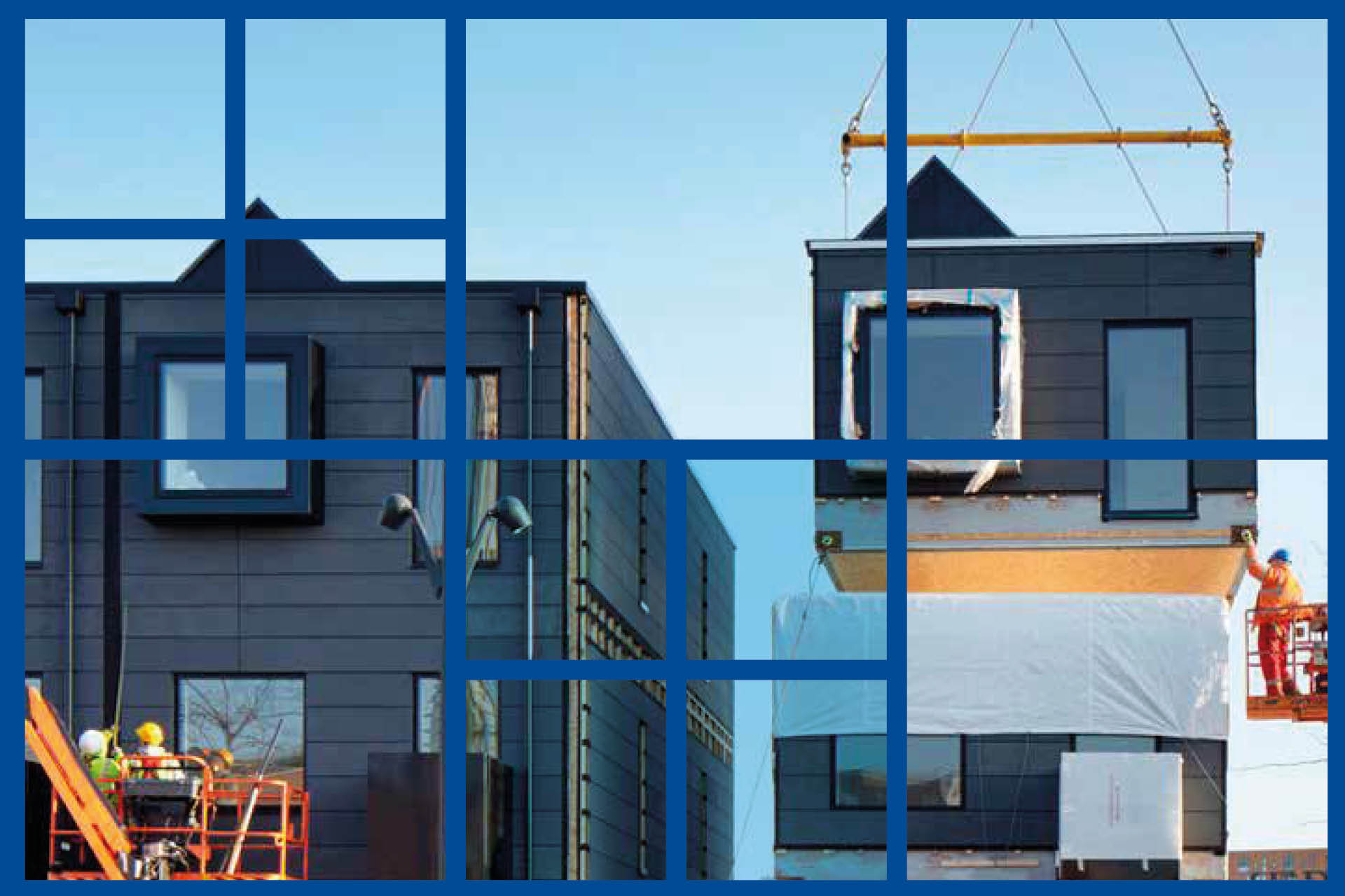 a photo of houses being constructed with a blue square overlay