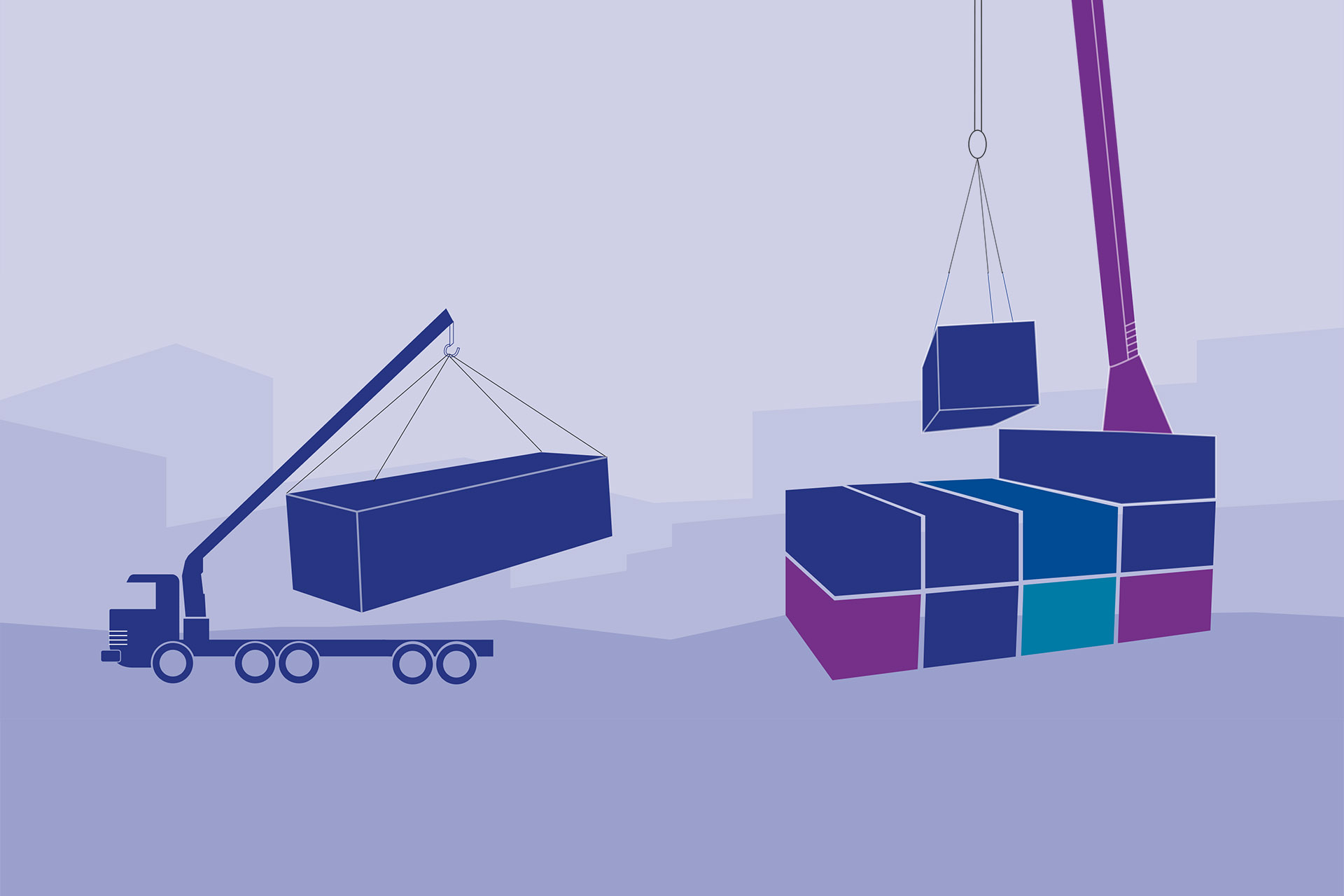 a graphic showing containers being loaded onto a lorry in shades of blue and purple