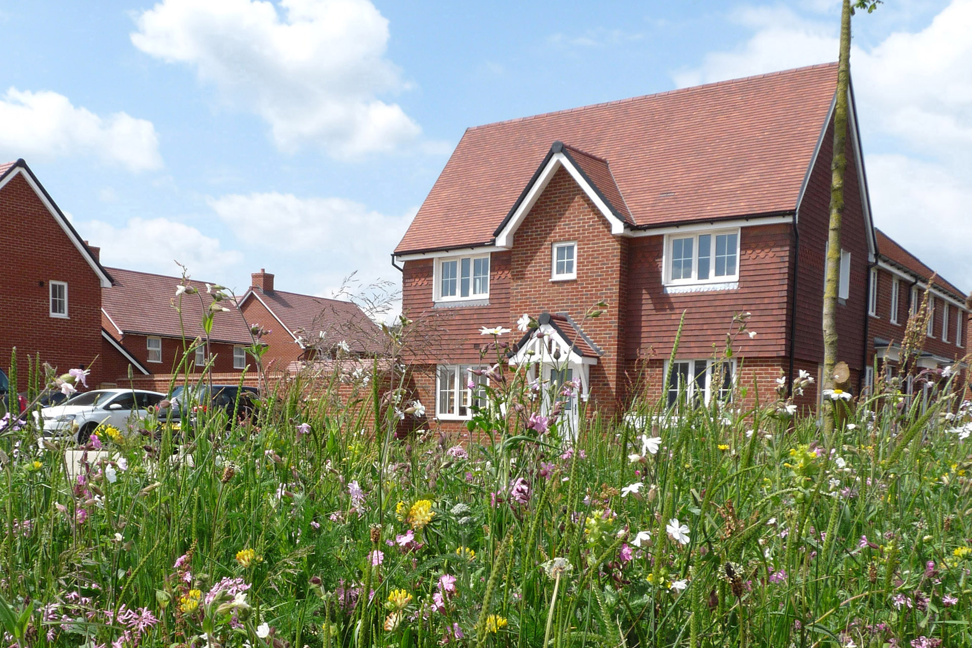 a photo of a red brick house with some wildflowers in the foreground
