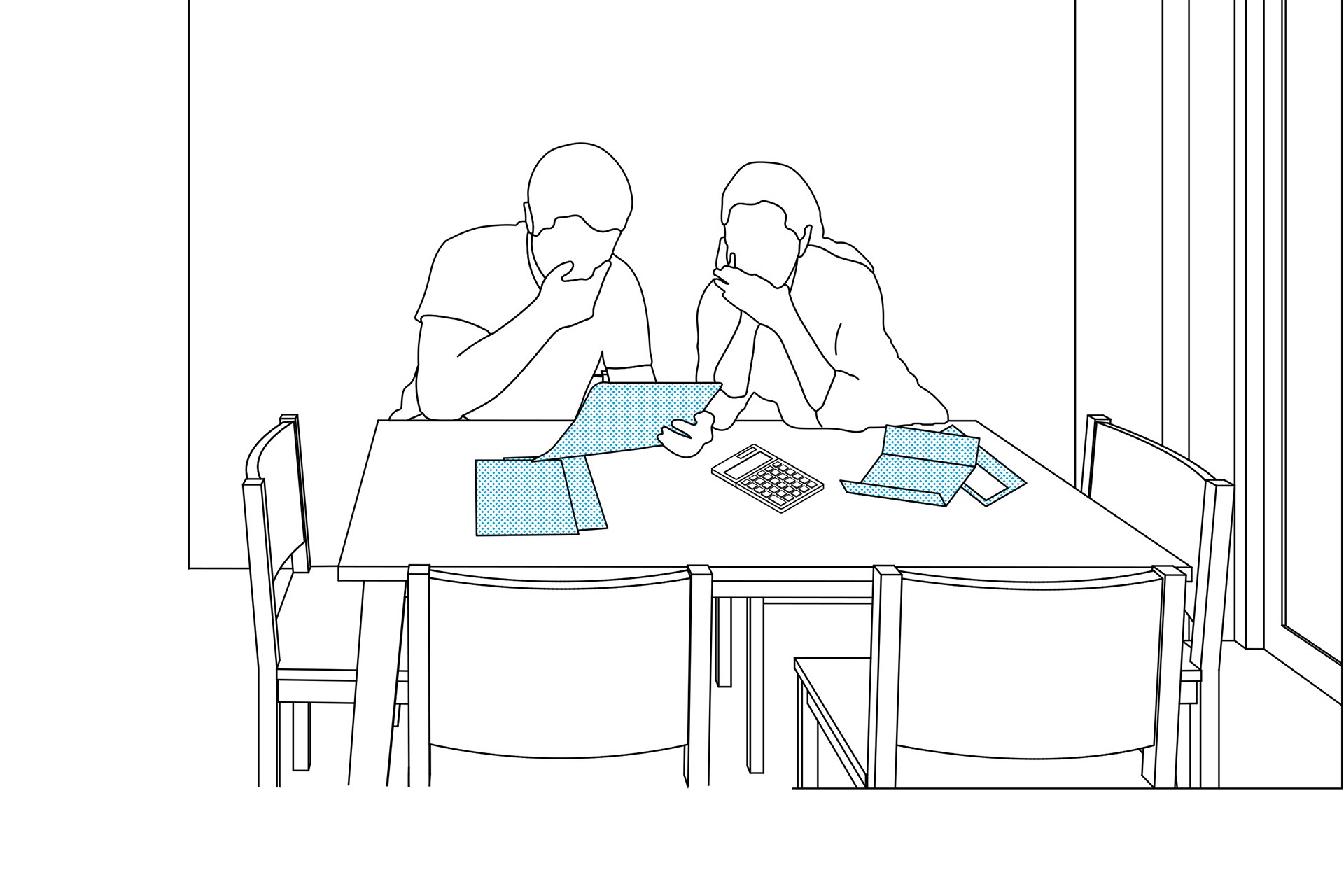 a graphic showing a couple discussing finances