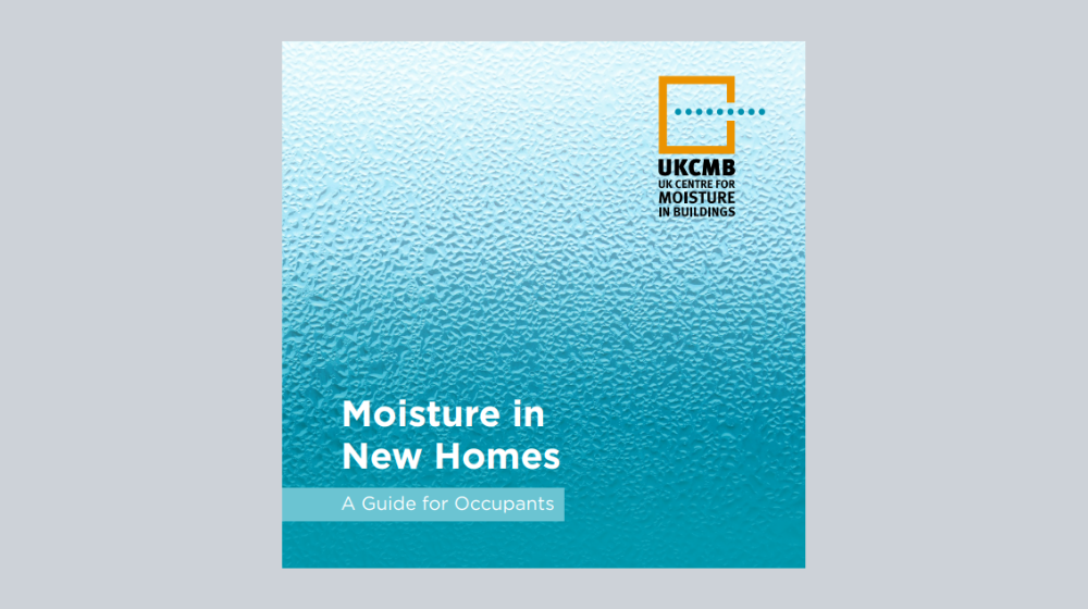 the cover of the guide to moisture in new homes in blue and white