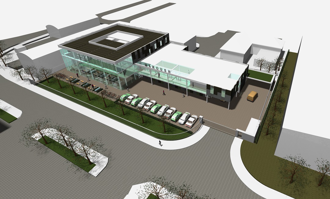 a 3D render of the proposed design for maroush food factory, showing the entire building and parking space
