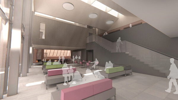 a 3D rendered design of Radley College, with seats in the centre and modern looking stairs