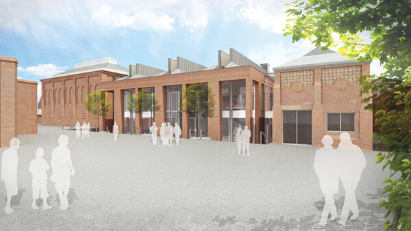 a 3D rendered design of Radley College, showing a red brick exterior with feature glass panels