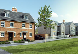 a 3D rendered design of Parc Derwen, showing modern red brick and grey houses
