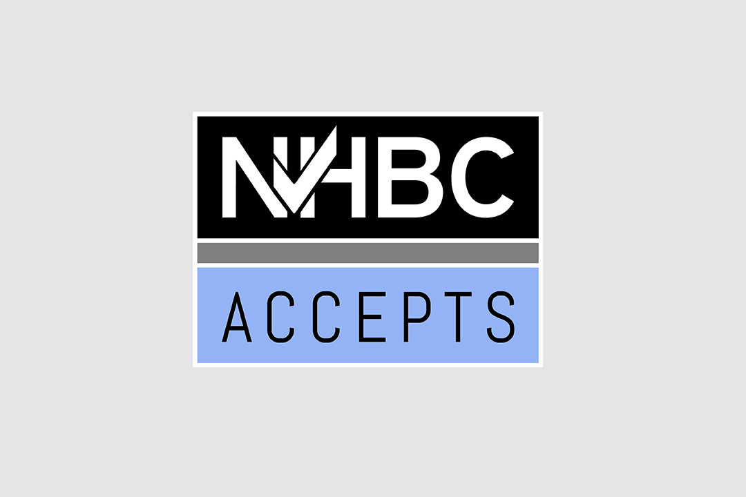 the NHBC Accepts logo in periwinkle and black on a grey background