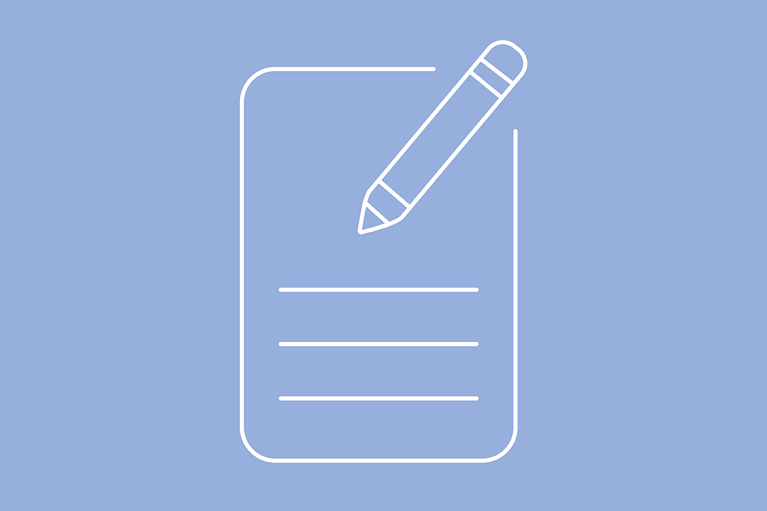 a blue graphic showing the white outline of a paper form and a pen