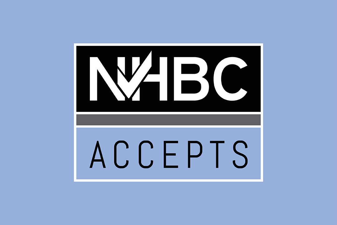 the NHBC Accepts logo in periwinkle and black on a periwinkle background