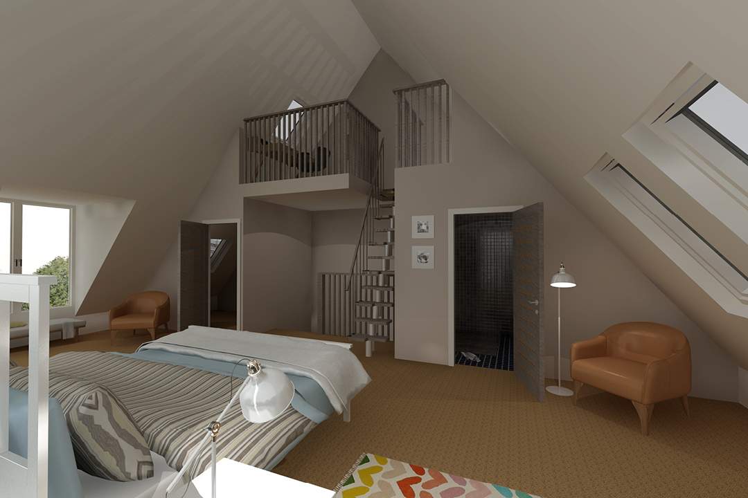 a 3D render of a modern, sleek, attic bedroom conversion