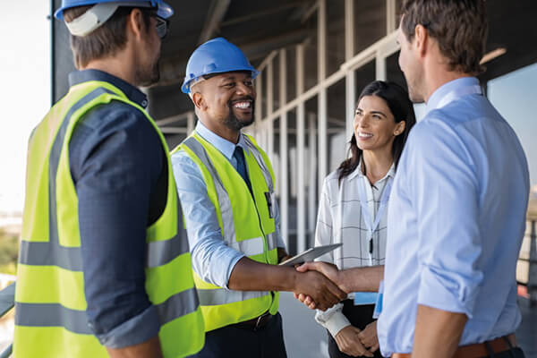 a photo of people in site safety clothing smiling and shaking hands