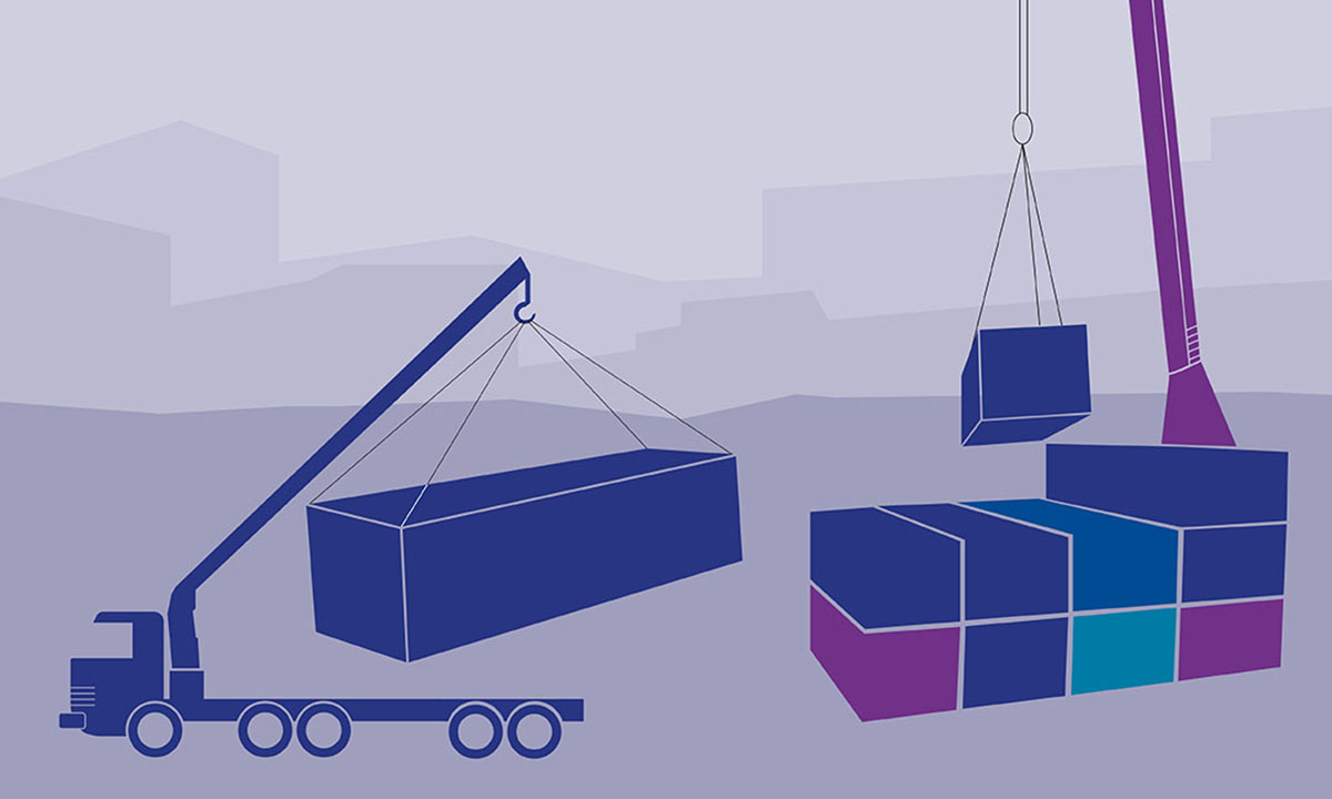 a blue and purple graphic showing containers being moved by cranes