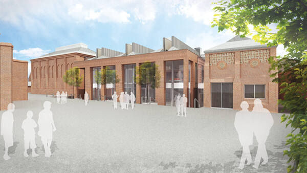 a 3d render of a red-brick school with large, feature windows