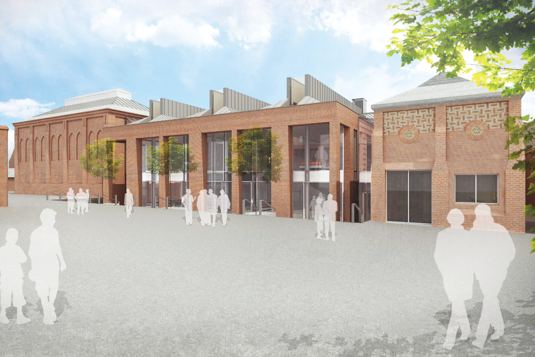 a 3d render of a school with big glass windows