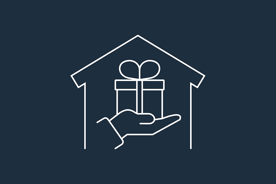 a white line drawing of a hand holding a present inside of a house