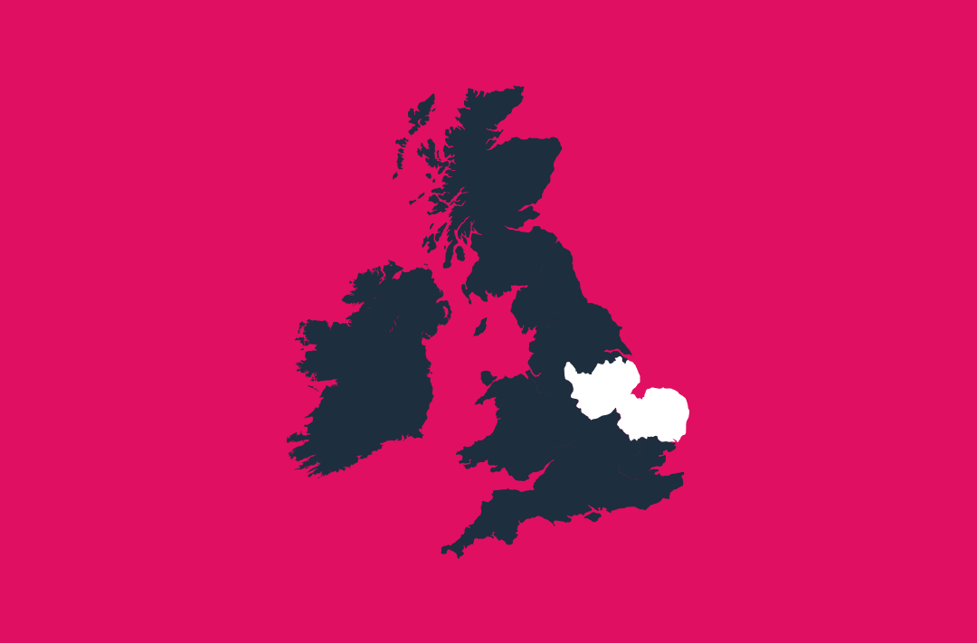 a map of the uk and ireland in navy on a pink background with the east region in white