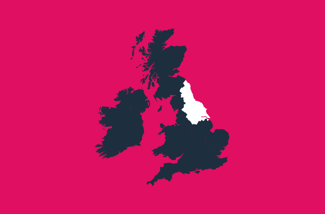 a map of the uk and ireland in navy on a pink background with the north east region in white
