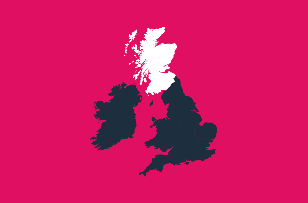 a map of the uk and ireland in navy on a pink background with the scotland region in white