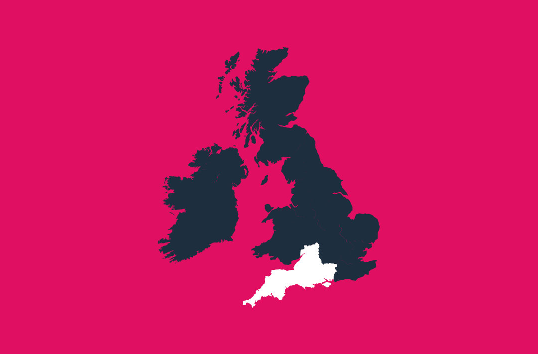 a map of the uk and ireland in navy on a pink background with the south west region in white