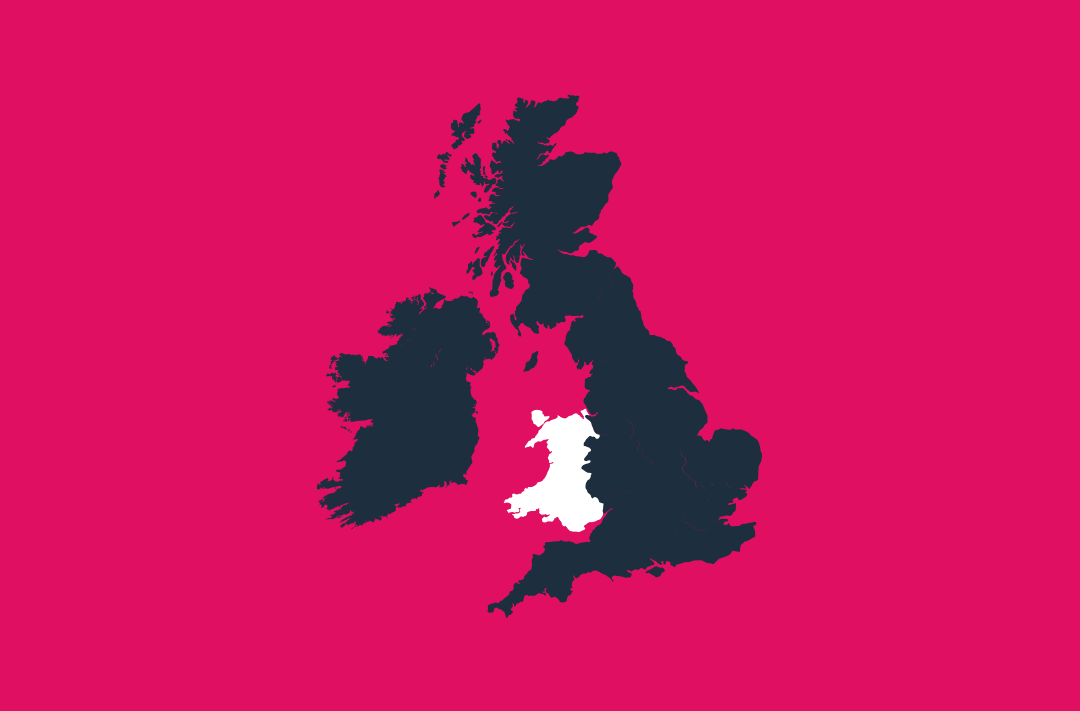 a map of the uk and ireland in navy on a pink background with the wales region in white