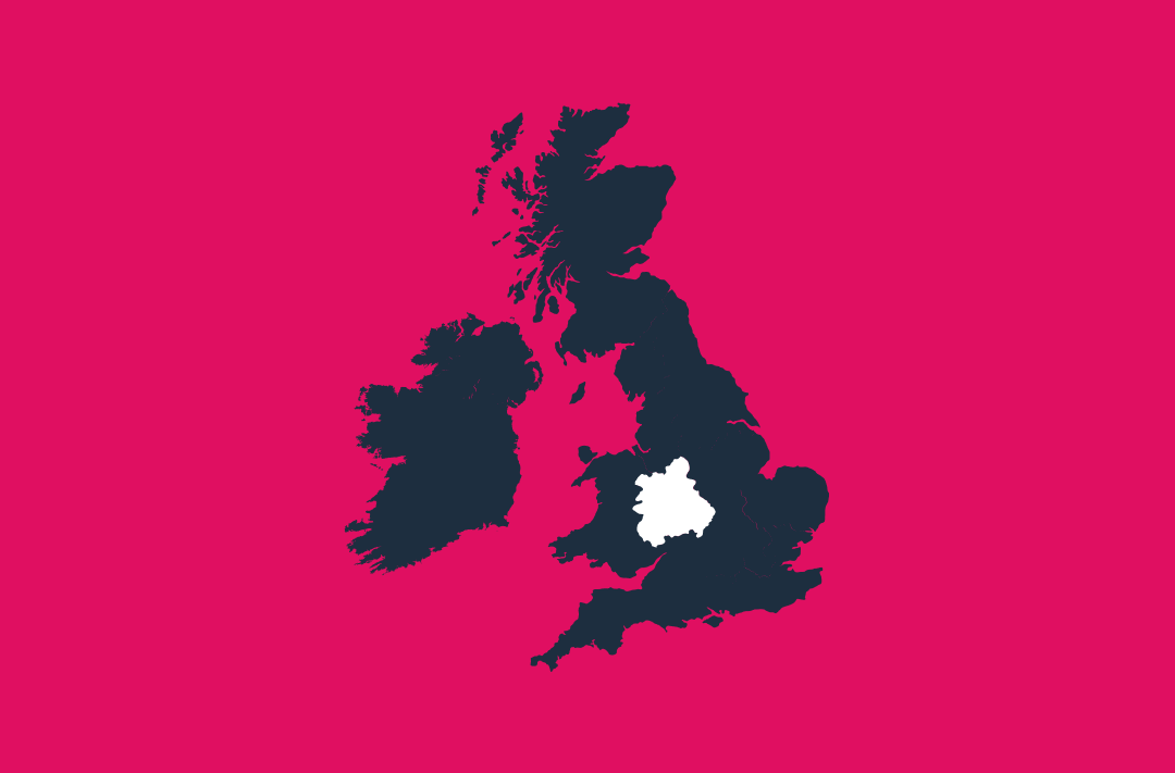 a map of the uk and ireland in navy on a pink background with the west region in white
