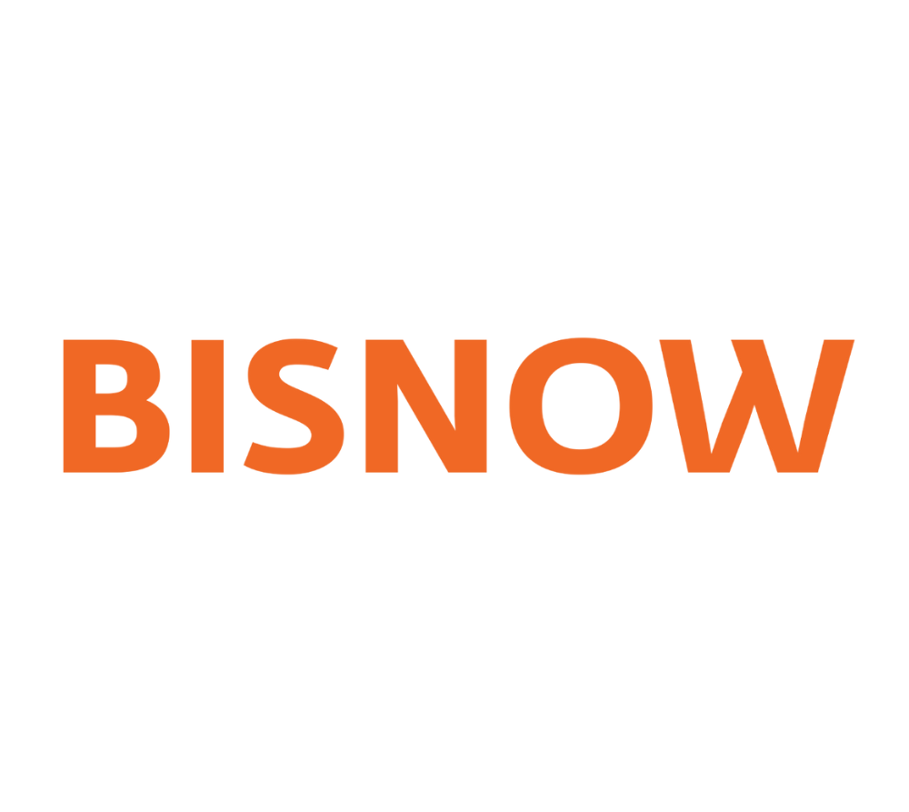 the bisnow logo in orange on a white background